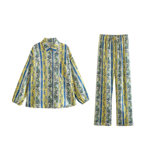 Ethnic style lapel top basic trouser suit