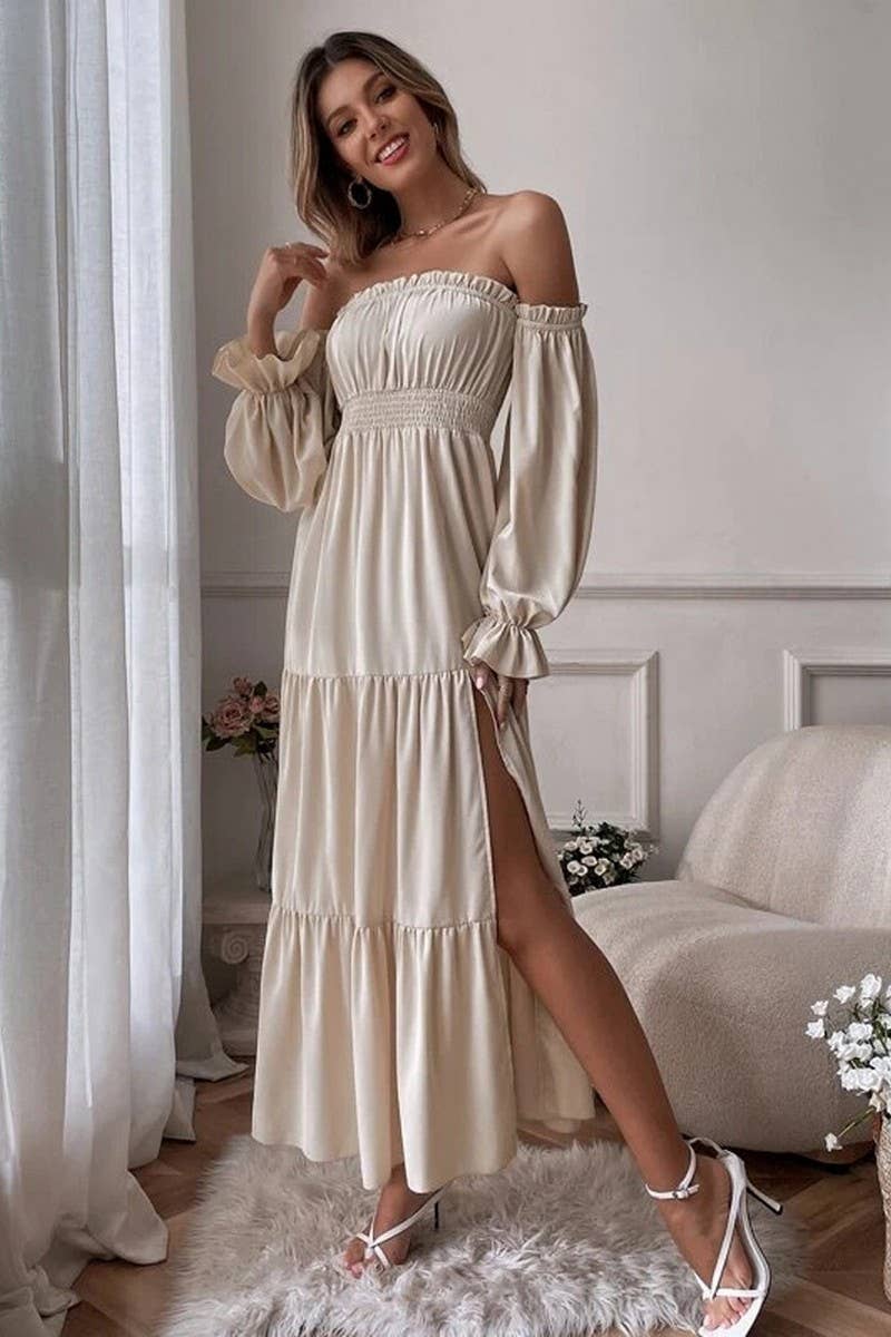 CWDMD5770_OFF-THE-SHOULDER RUFFLED HIGH SLIT DRESS