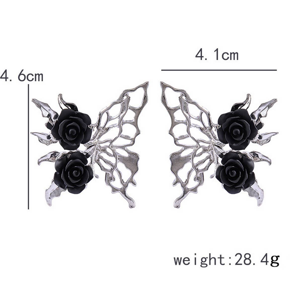 SILVER NEEDLE BLACK ROSE BUTTERFLY EARRINGS