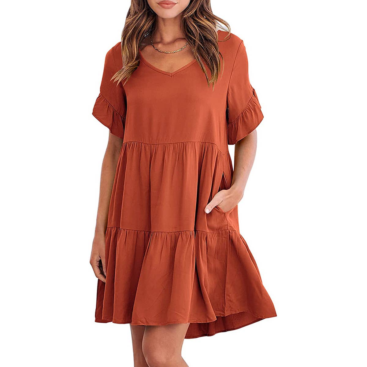 V-neck doll outfit three-layer pleated dress