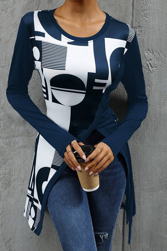 Cwttl1967_Simple Geometric Pattern Slim Fit Long T-Shirt