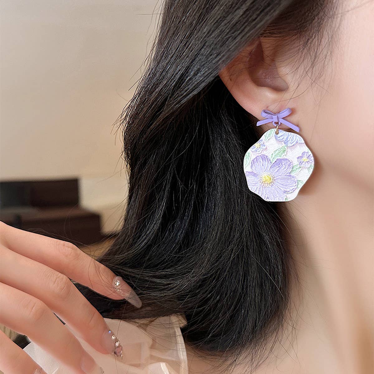 ROMANTIC PURPLE OIL PAINTING FLOWER ART EARRINGS
