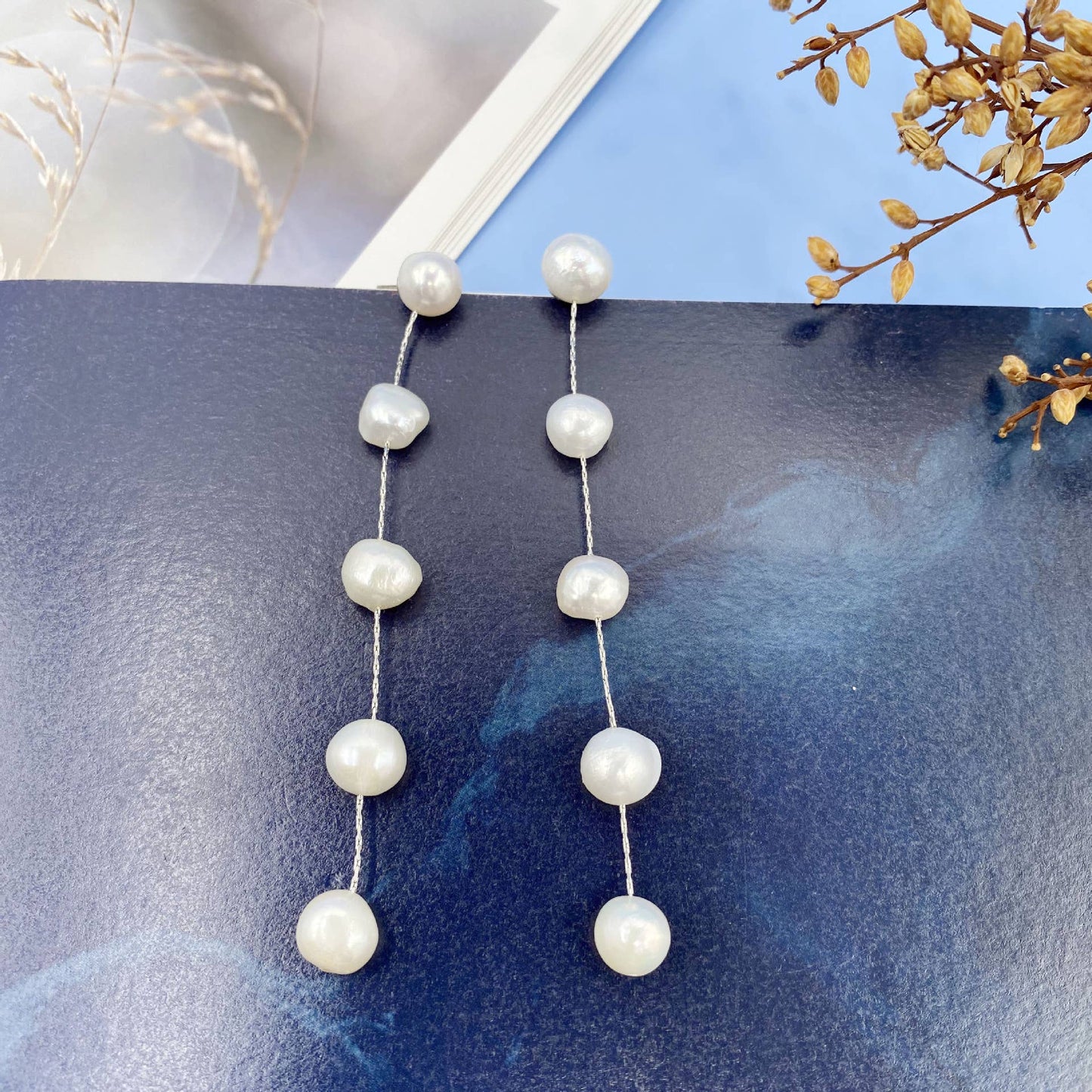 S925 Silver needle natural pearl long earrings