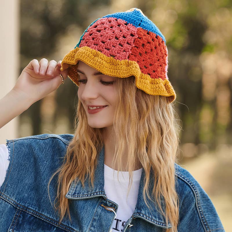 WOMEN MULTI COLOR CUTE HOLLOW KNIT BUCKET HAT_CWAH0599