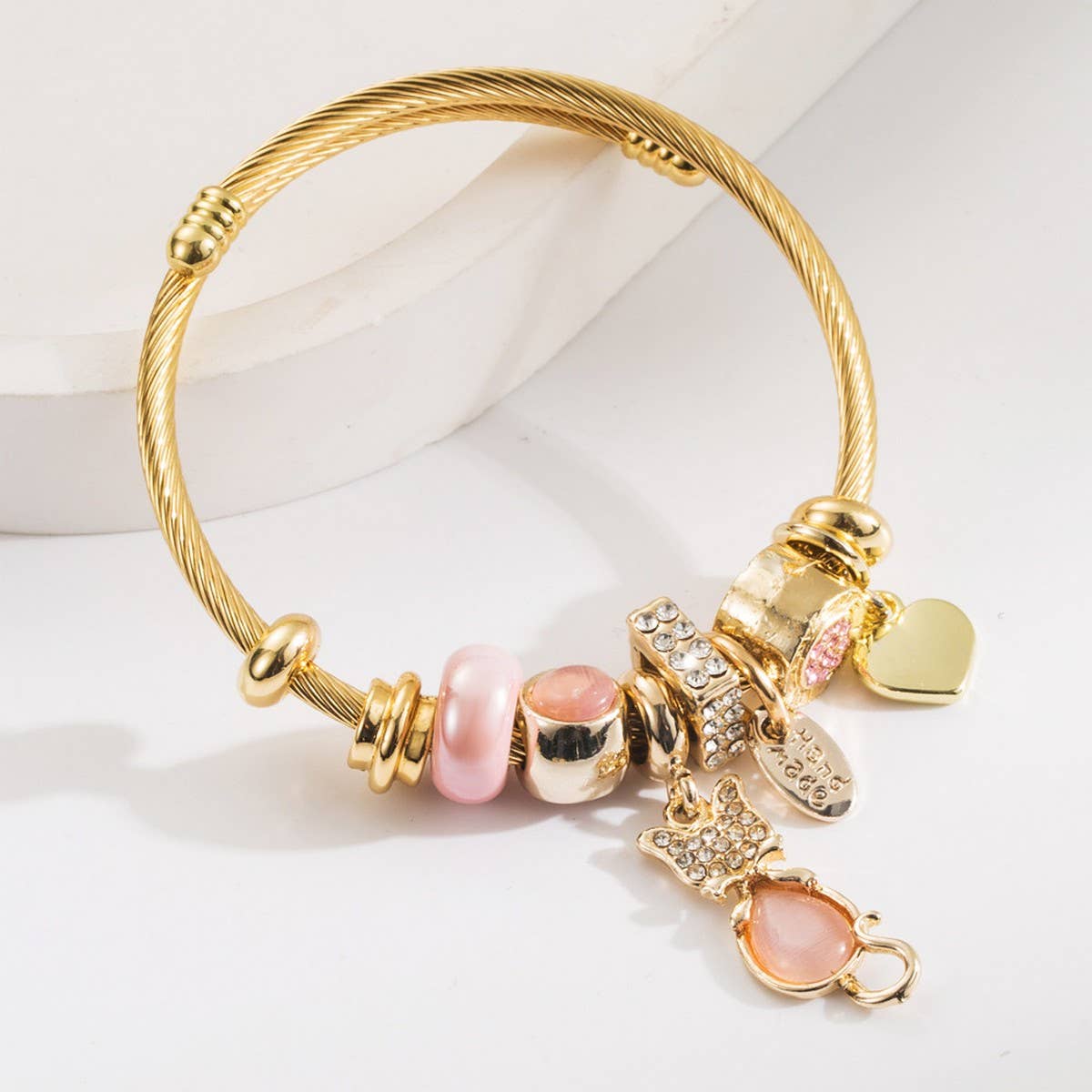 Fashionable Cat & Heart Beaded Steel Bracelet_CWMM8585