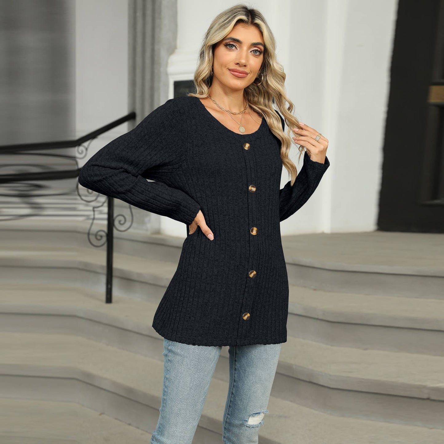 SINGLE-BREASTED CREW NECK LONG SLEEVE T-SHIRT