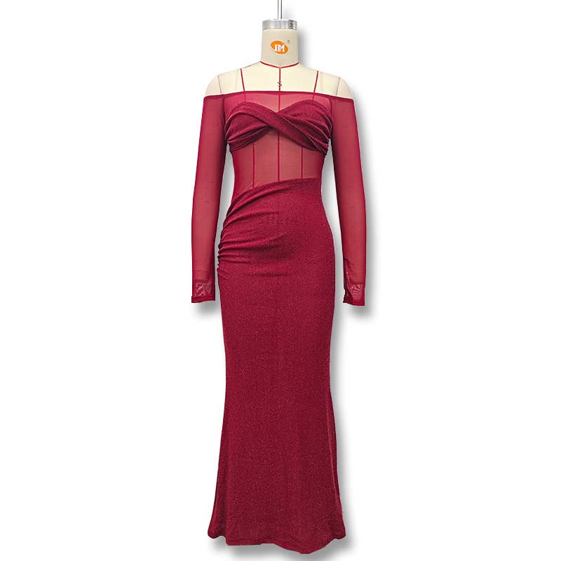 Off Shoulder Sheer Glitter Mesh Dress