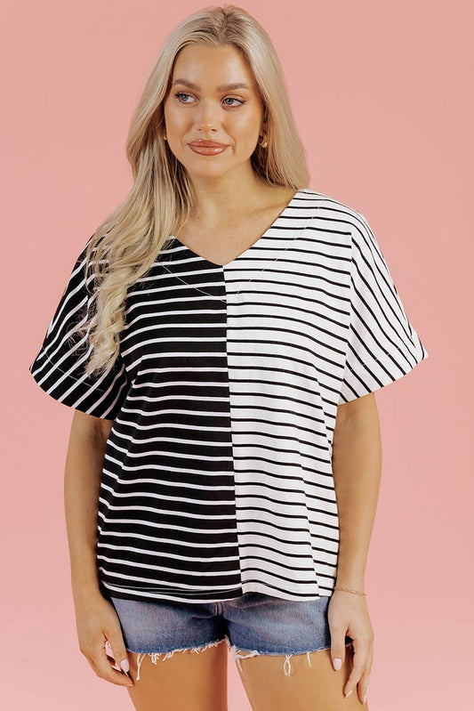 V-neck trend color matching print loose T-shirt