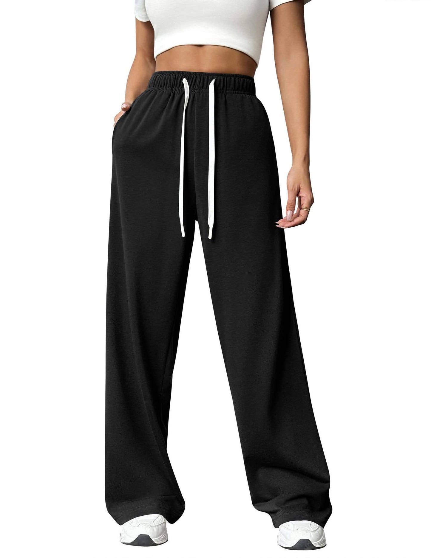 ELASTIC-WAIST CASUAL STRAIGHT LEG WIDE-LEG PANTS