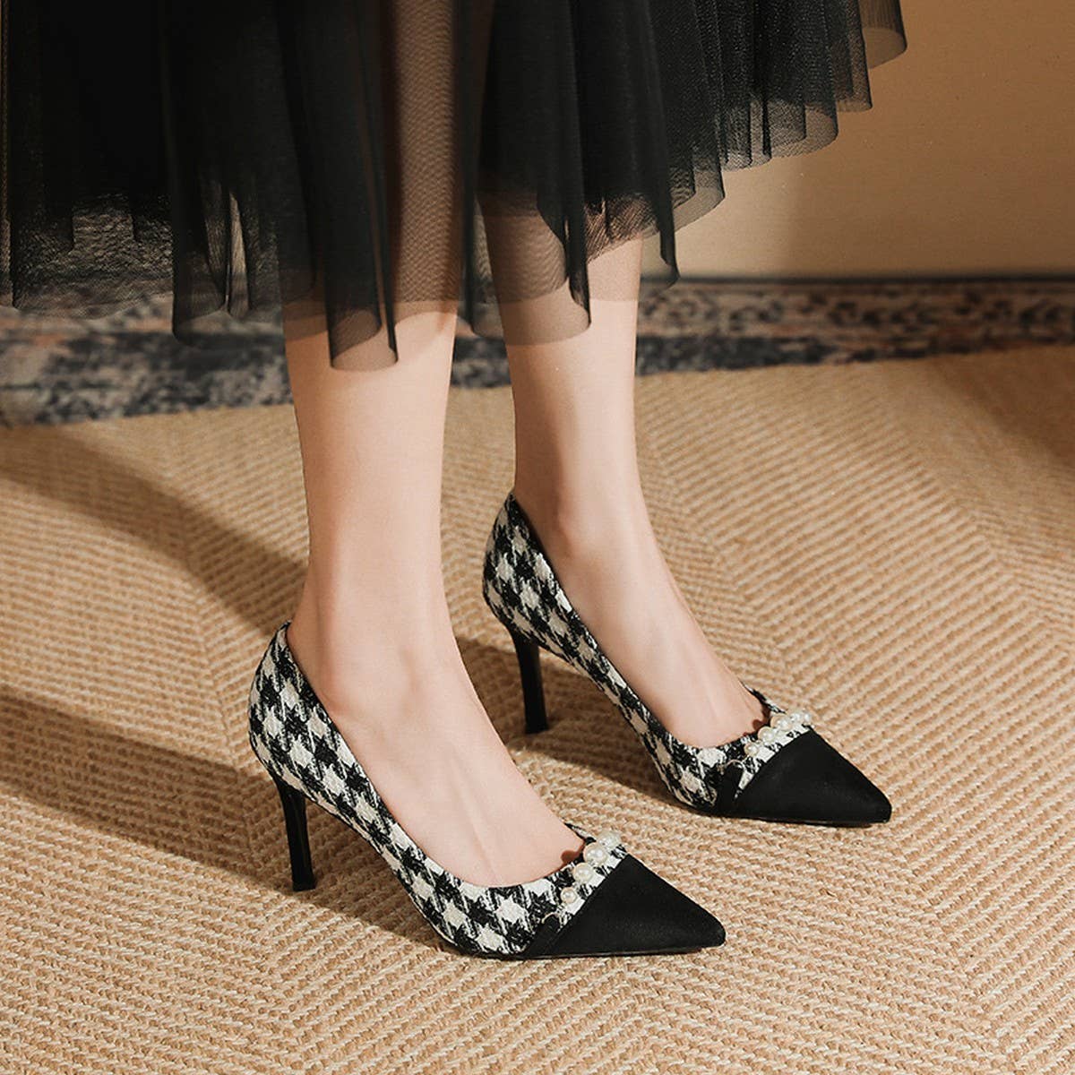 THOUSAND BIRD PLAID SLIM HEEL HIGH HEELS