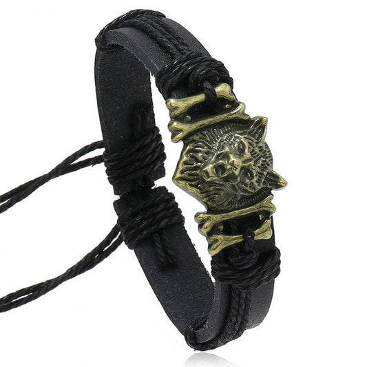 VINTAGE BRAIDED WOLF HEAD LEATHER BRACELET