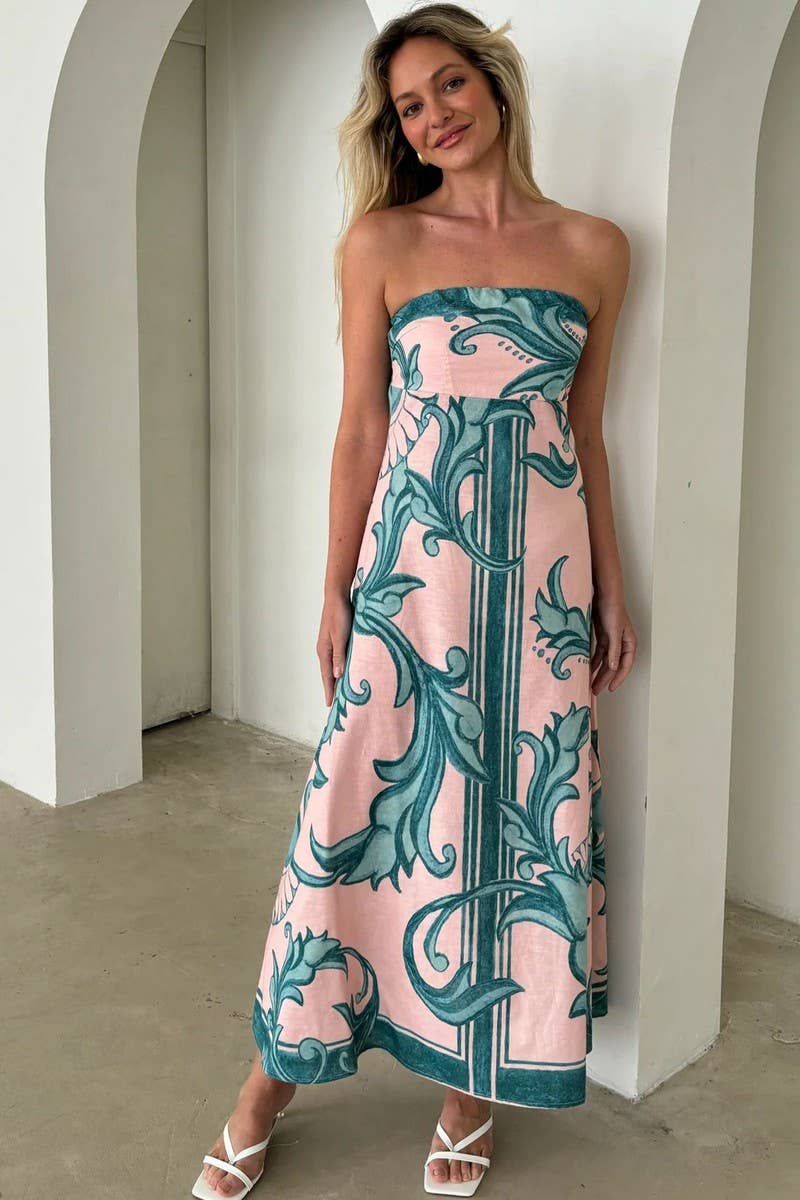 CWDMD5536_SUMMER PRINTED FIT STRAPLESS TUBE DRESS