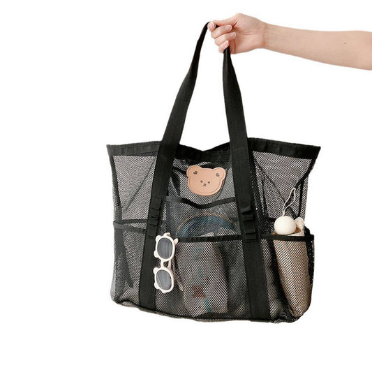 BLACK TRANSPARENT MESH HOLLOW BEACH BAG TOTE BAG_CWAB1922