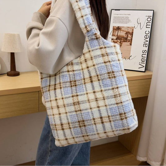 WINTER WOOLEN SHOULDER BAG RETRO PLAID PLUSH BAG_CWAB3925