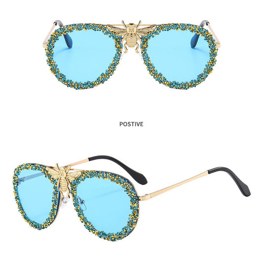 DIAMOND-STUDDED RETRO METAL LARGE FRAME SUNGLASSES