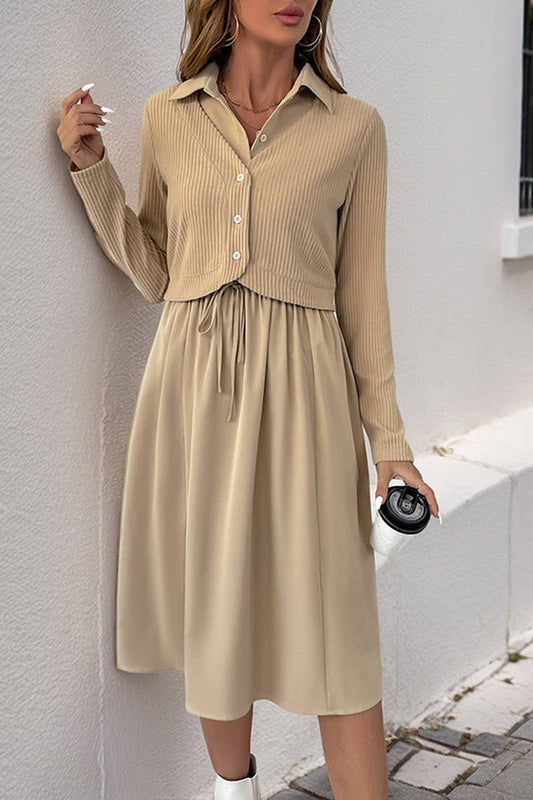 CWDMD4820_SOLID COLOR LAPEL LONG SLEEVE FAKE TWO PIECE DRESS