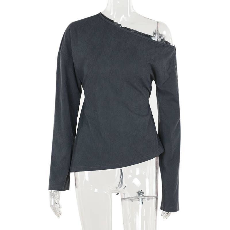 Solid color knit slant shoulder all-in-one casual top