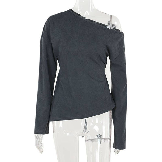 Solid color knit slant shoulder all-in-one casual top