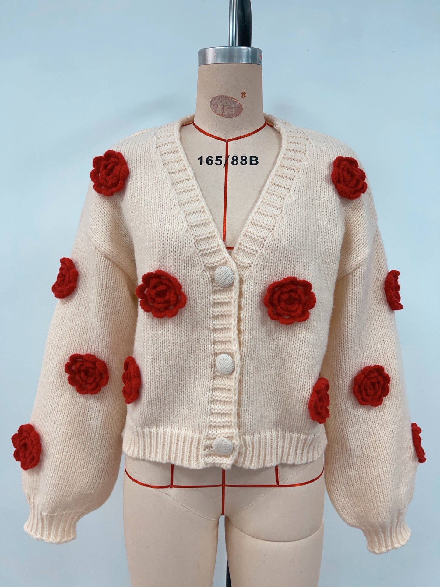 V-neck single-breasted floral knitted cardigan