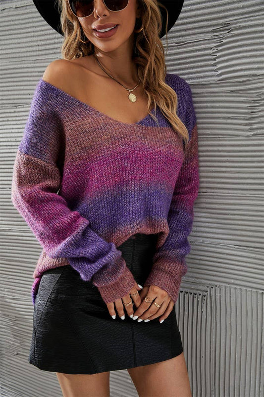 Cwoswl3171_Tie-Dyed Irregular Gradient Knitted Sweater
