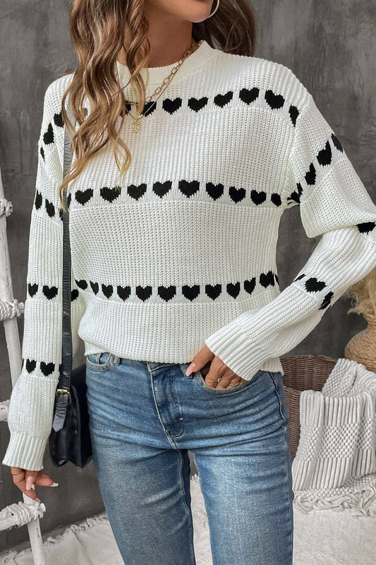 Cwoswl3711_White Long-Sleeved Pullover Heart Knitted Sweater