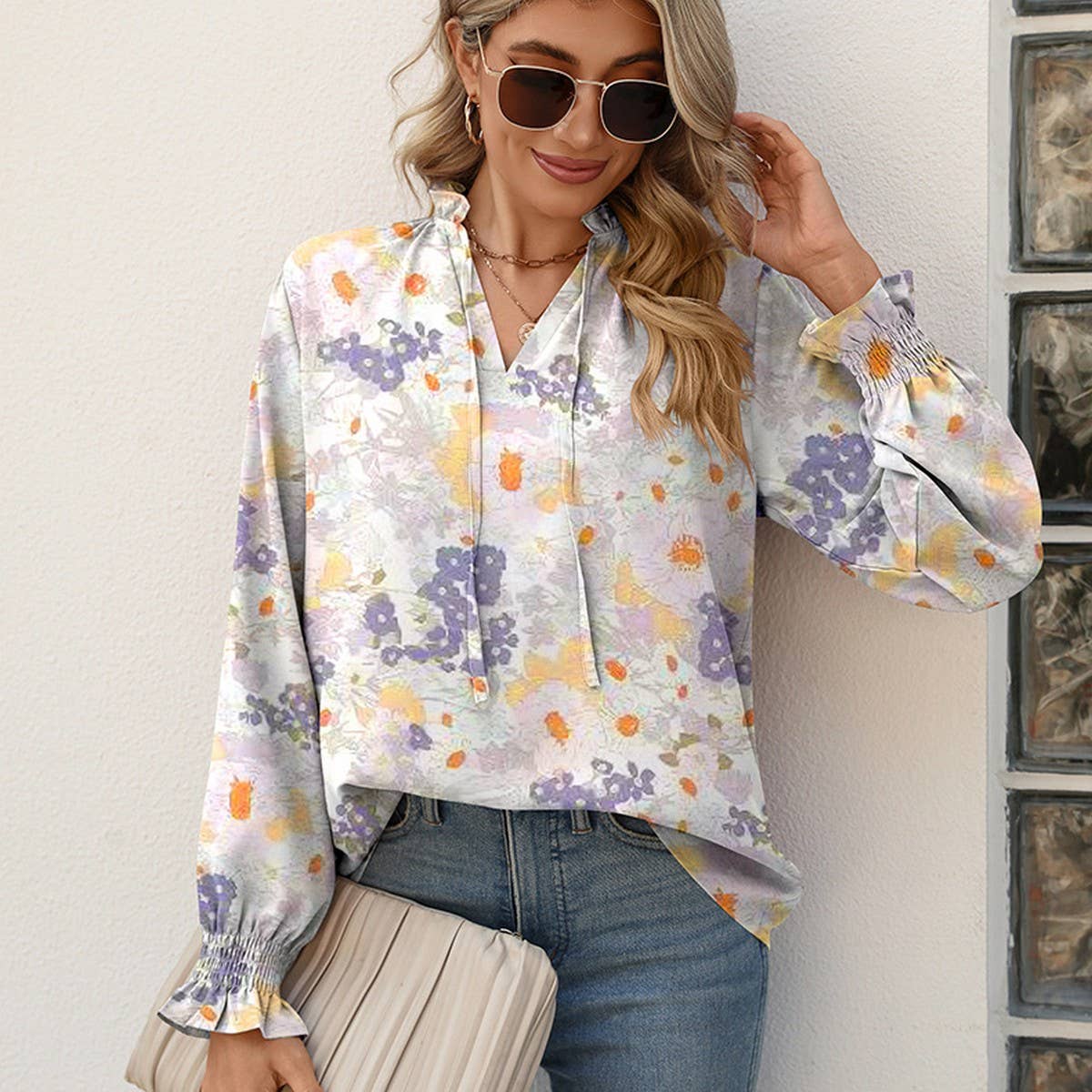 V-neck lace-up printed stand-up collar shirt