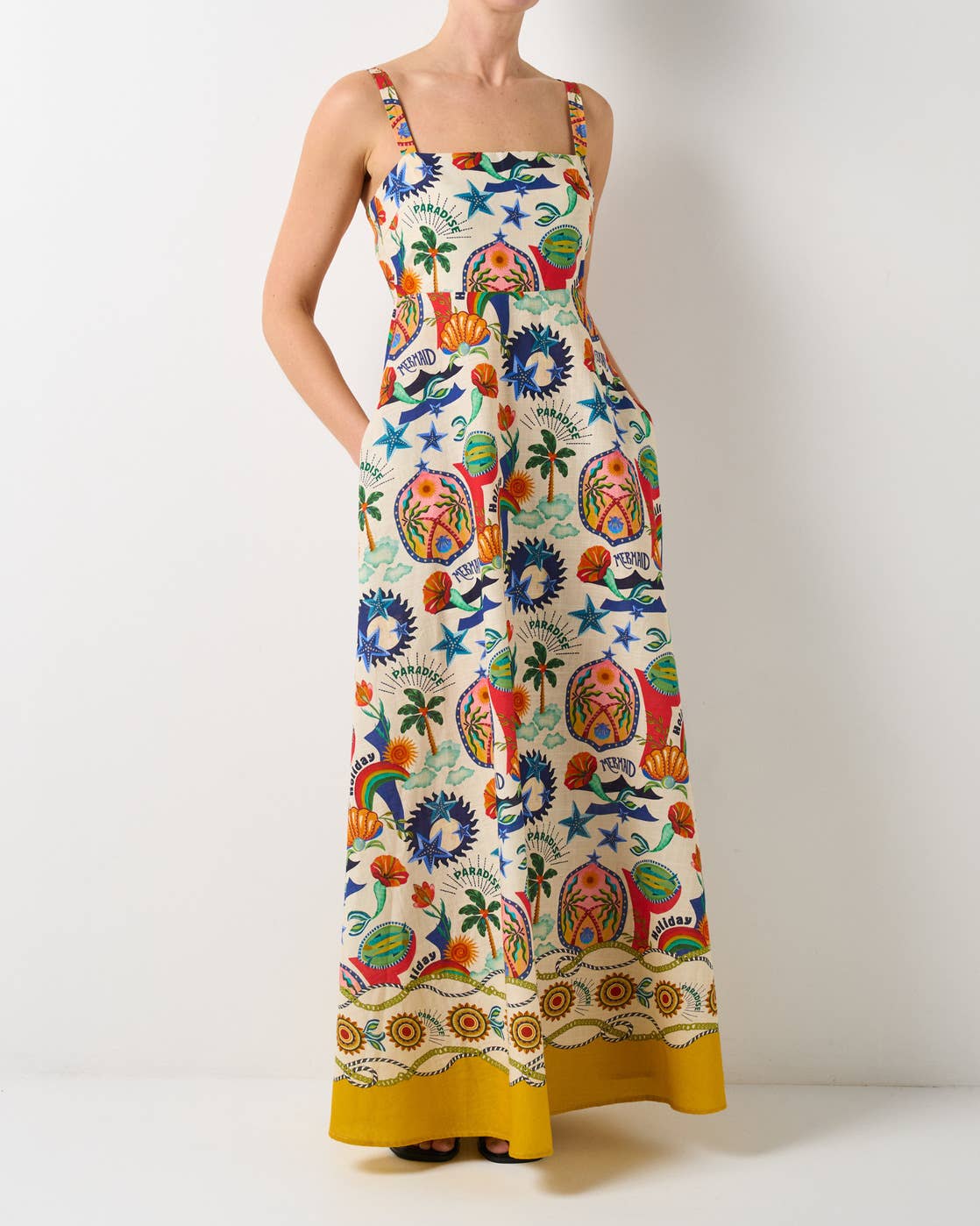 Temperament linen printed tank top swing dress