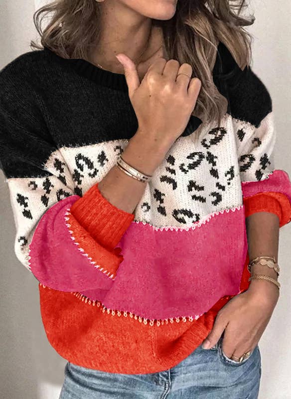 LEOPARD PRINT PATCHWORK FASHION KNIT PULLOVER