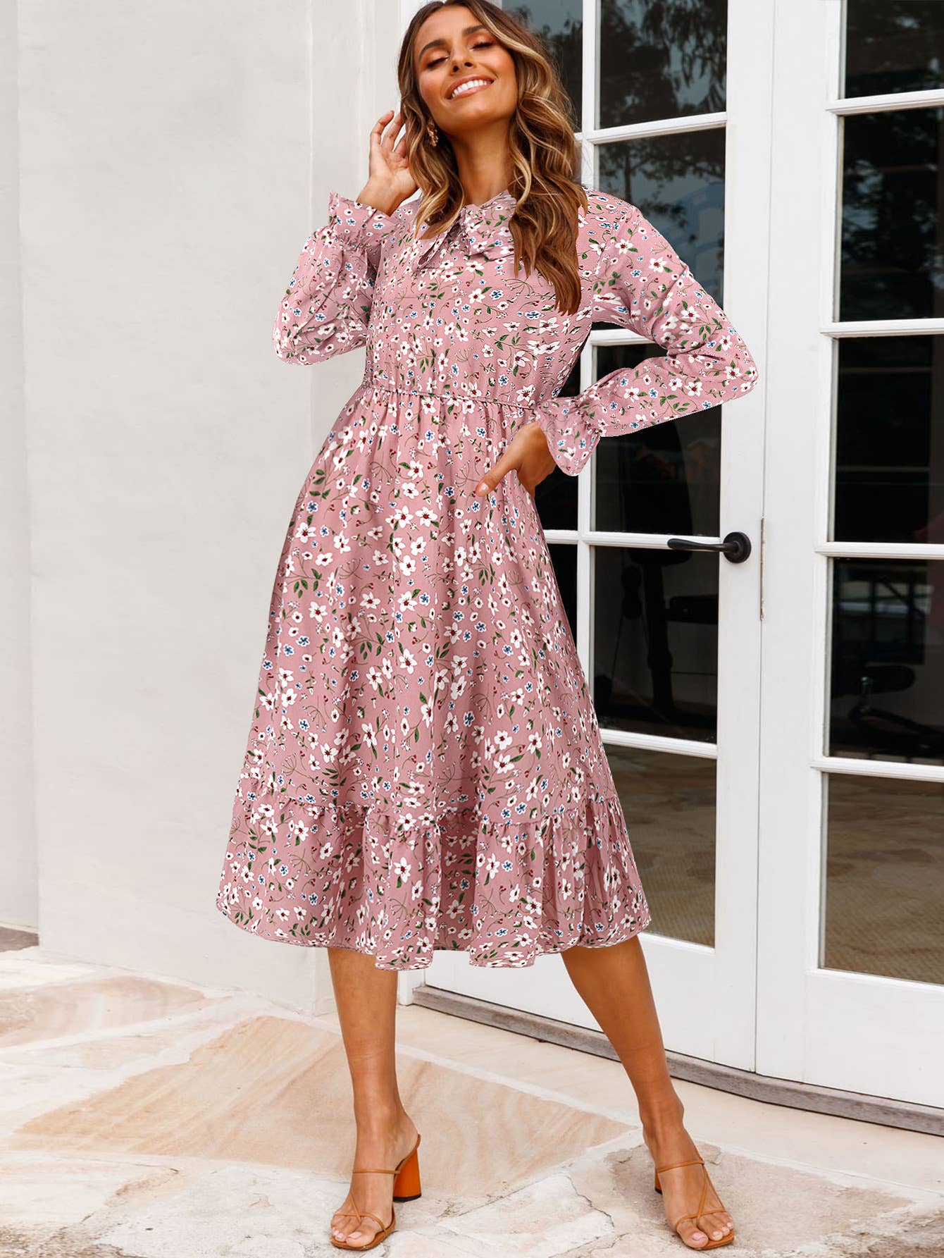 Waist-Cinched Floral Ruffle Bell Sleeve Dress