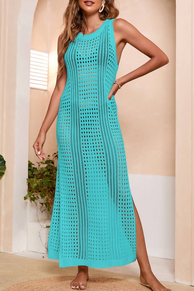 CWDMD4732_LOOSE SOLID BEACH HOLLOW KNIT COVER-UP DRESS