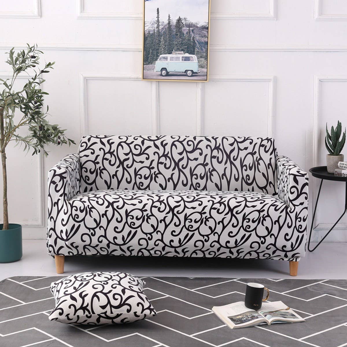 Printed Milk Silk Sofa Cover, Stretch & Full Fit_CWMM8325