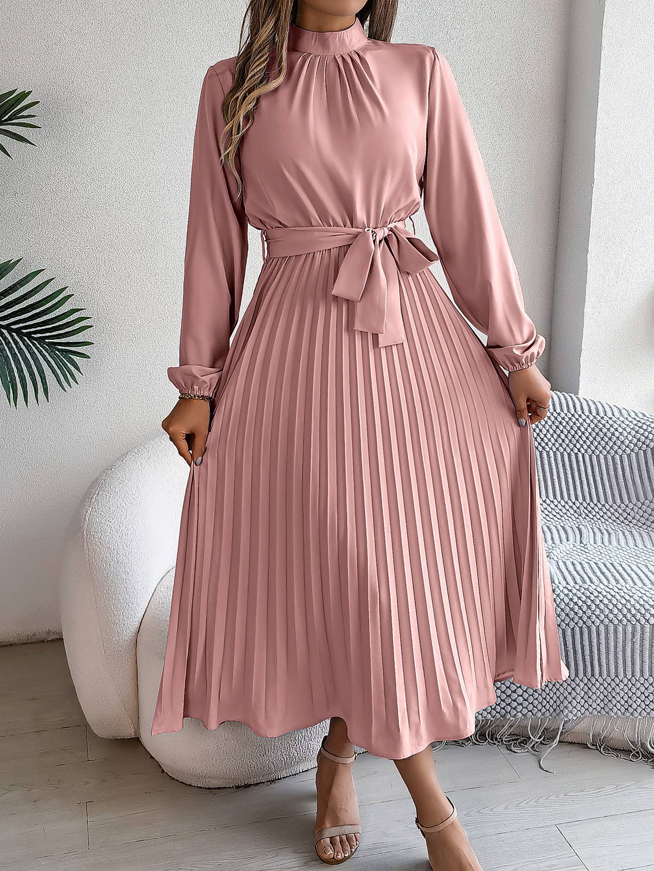 STANDING COLLAR LONG SLEEVE PLEATED LONG DRESS