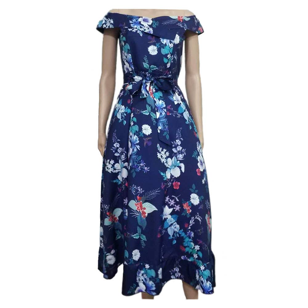 Off Shoulder Tie Waist Printed Maxi Dress