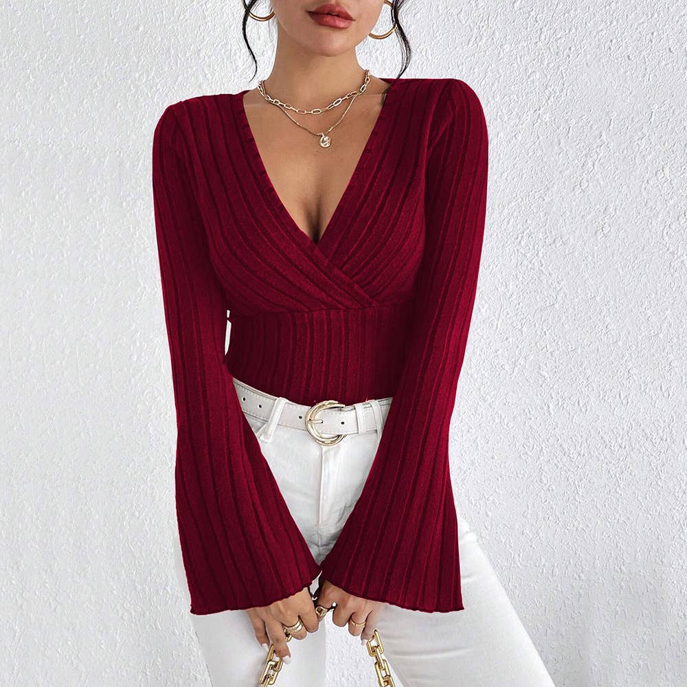 V-NECK TRUMPET SLEEVE SOLID COLOR PIT STRIPE BASE