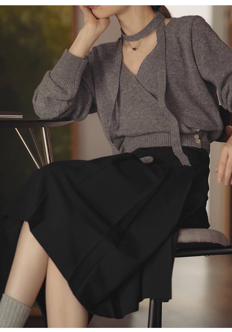 Pleated draping feeling retro high waist skirt