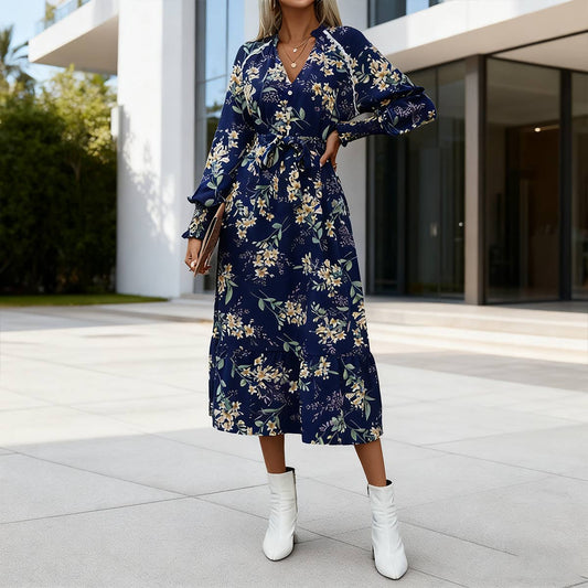 Loose V-neck,long-sleeved,waist-cinching dress