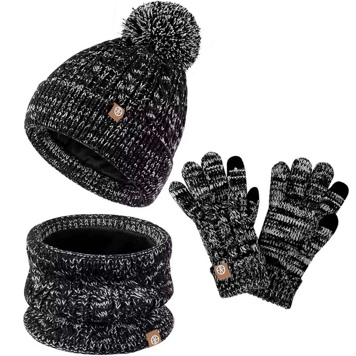 THREE-PIECE SET OF POM-POM HAT, SCARF AND GLOVES