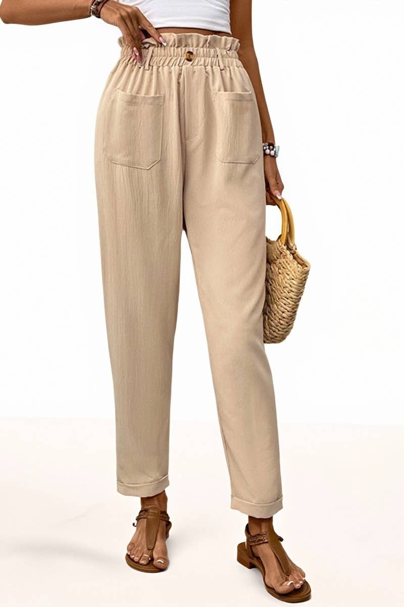 CWBLP00936_BEIGE ELASTIC WAIST POCKET STRAIGHT LEG PANTS