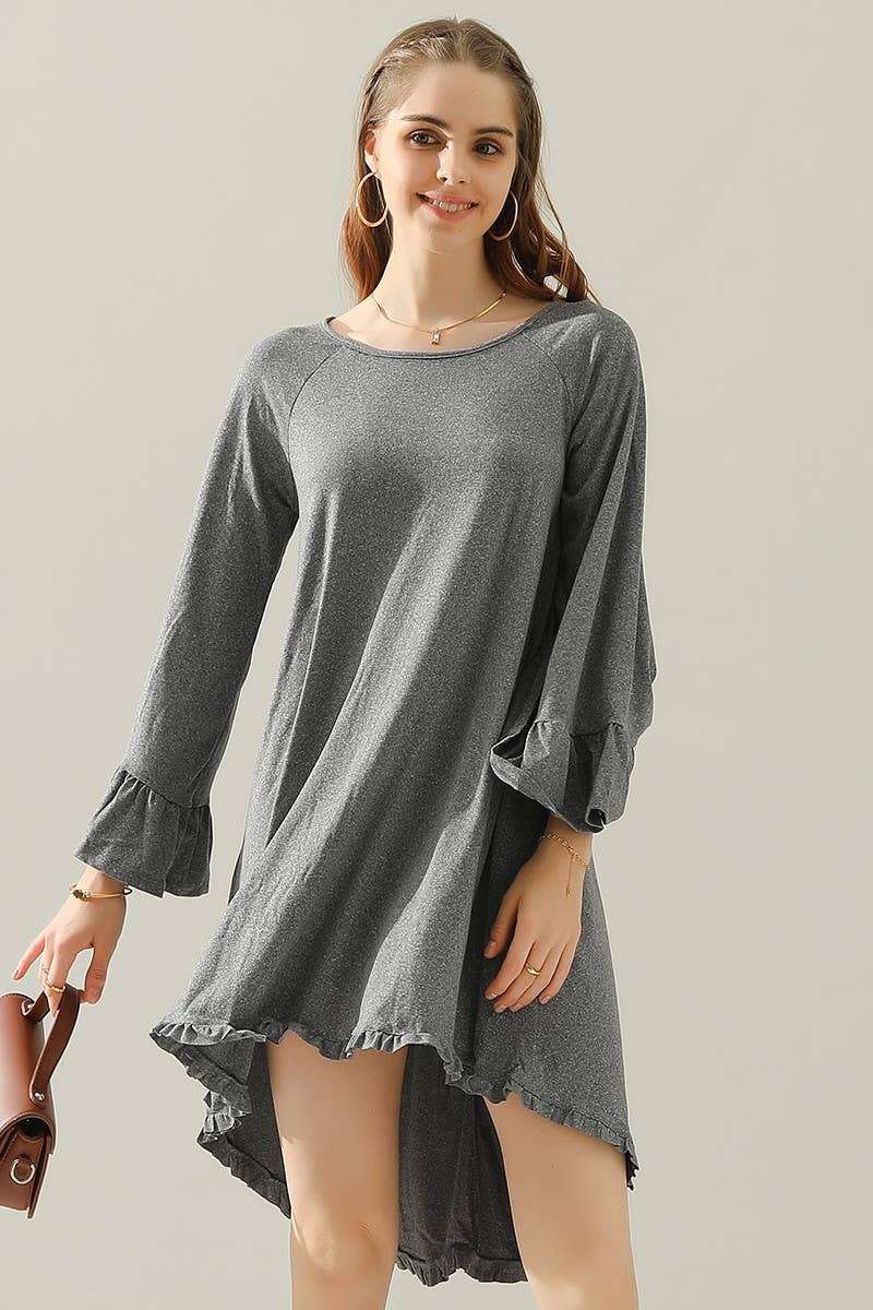 CWDSD10406_RUFFLE DETAIL LONG SLEEVE DRESS WITH SIDE POCKET