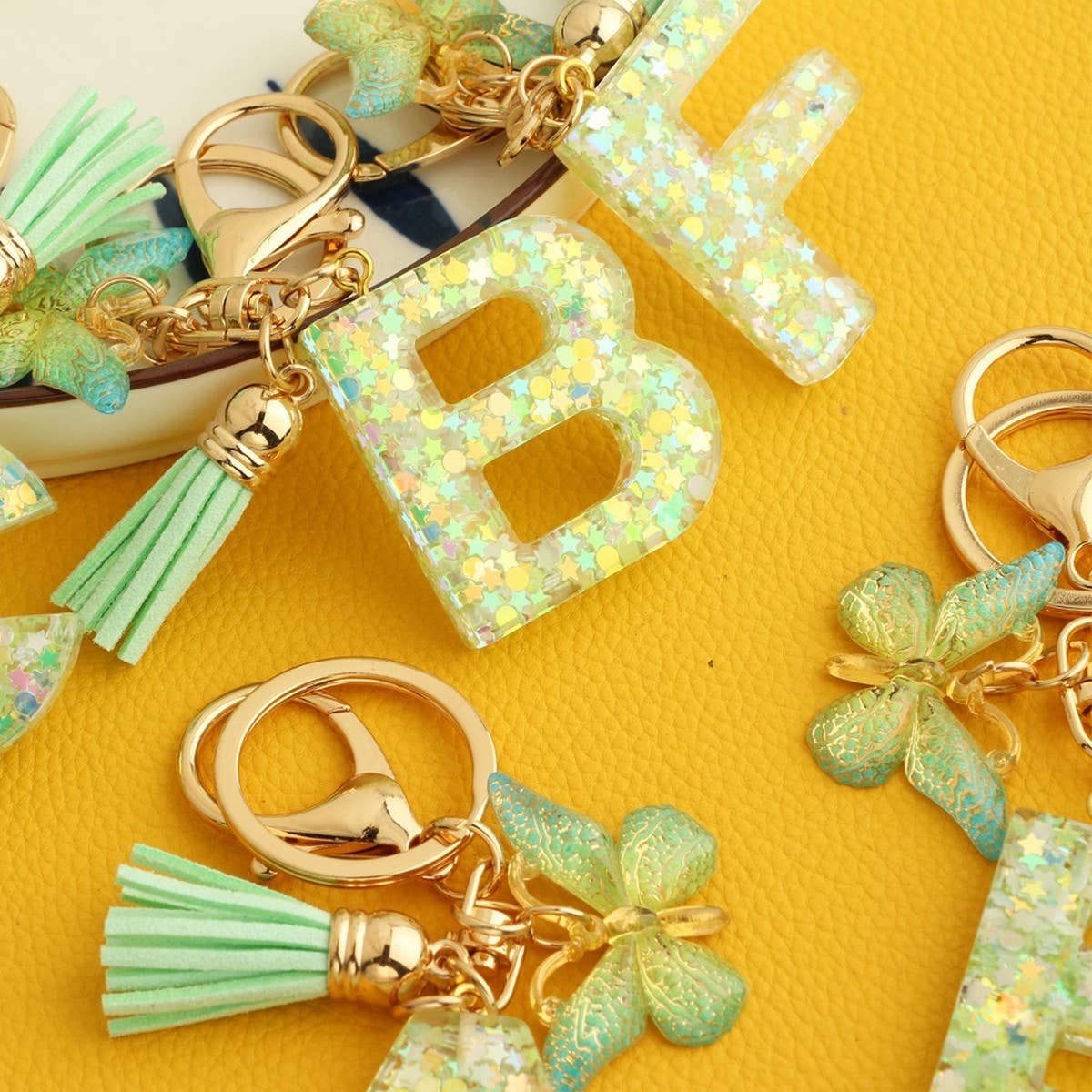 Green Butterfly Resin Letter Keychain with Glitter_CWAB5079