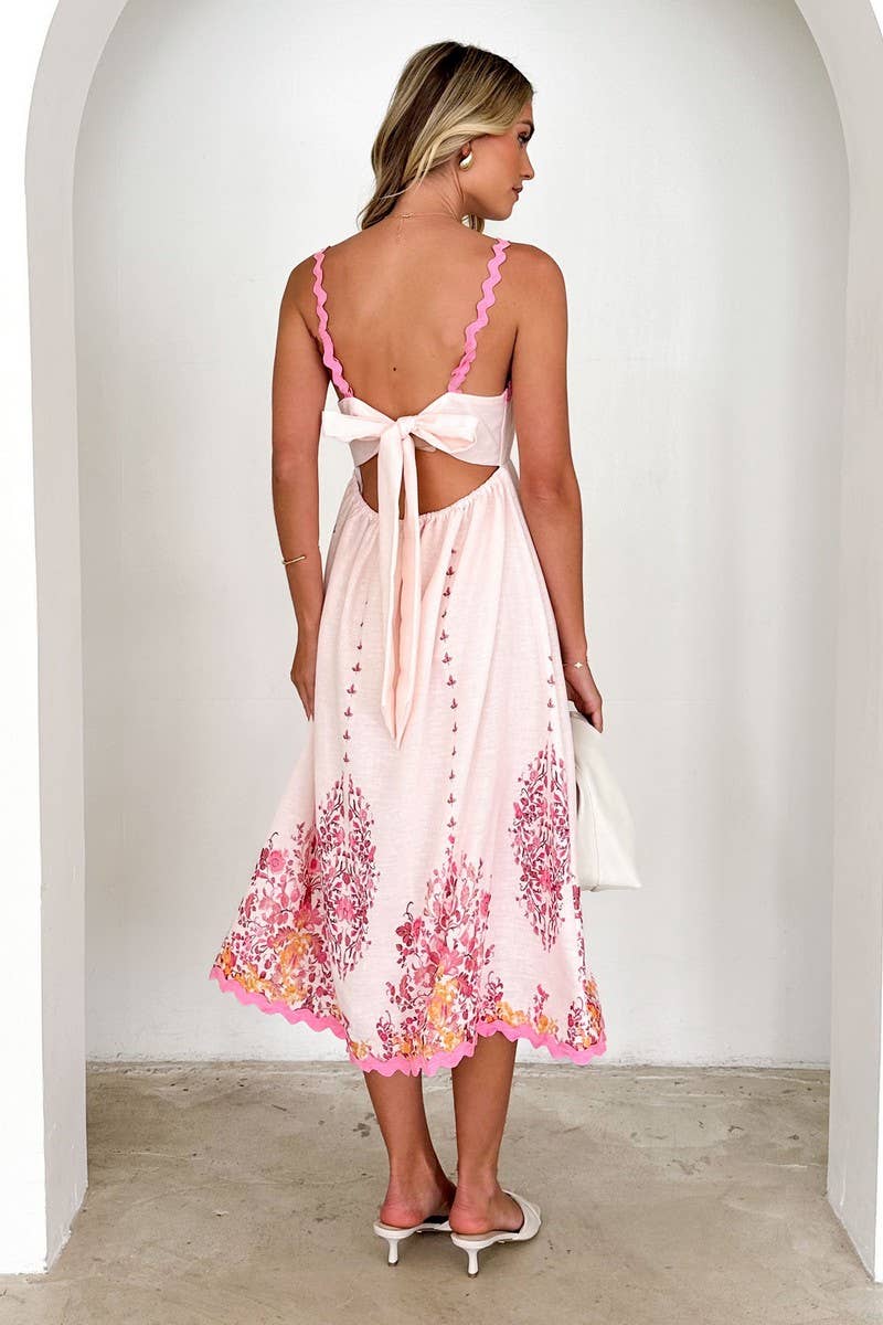 CWDMD5569_PRINTED RUFFLE HEM BACKLESS TIE STRAP DRESS