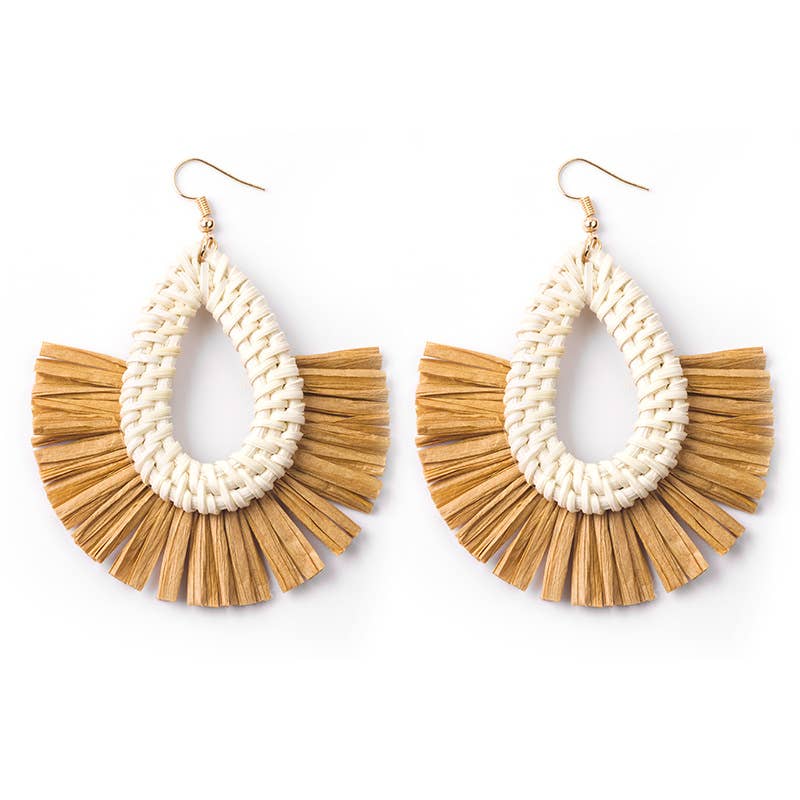 Hand-woven geometric rattan raffia earrings