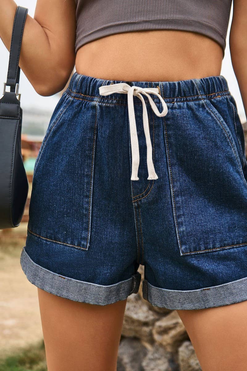 CWJS00039_ELASTIC WAIST CASUAL ROLLED-UP DENIM SHORTS