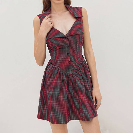 Polo collar short sleeveless French retro dress