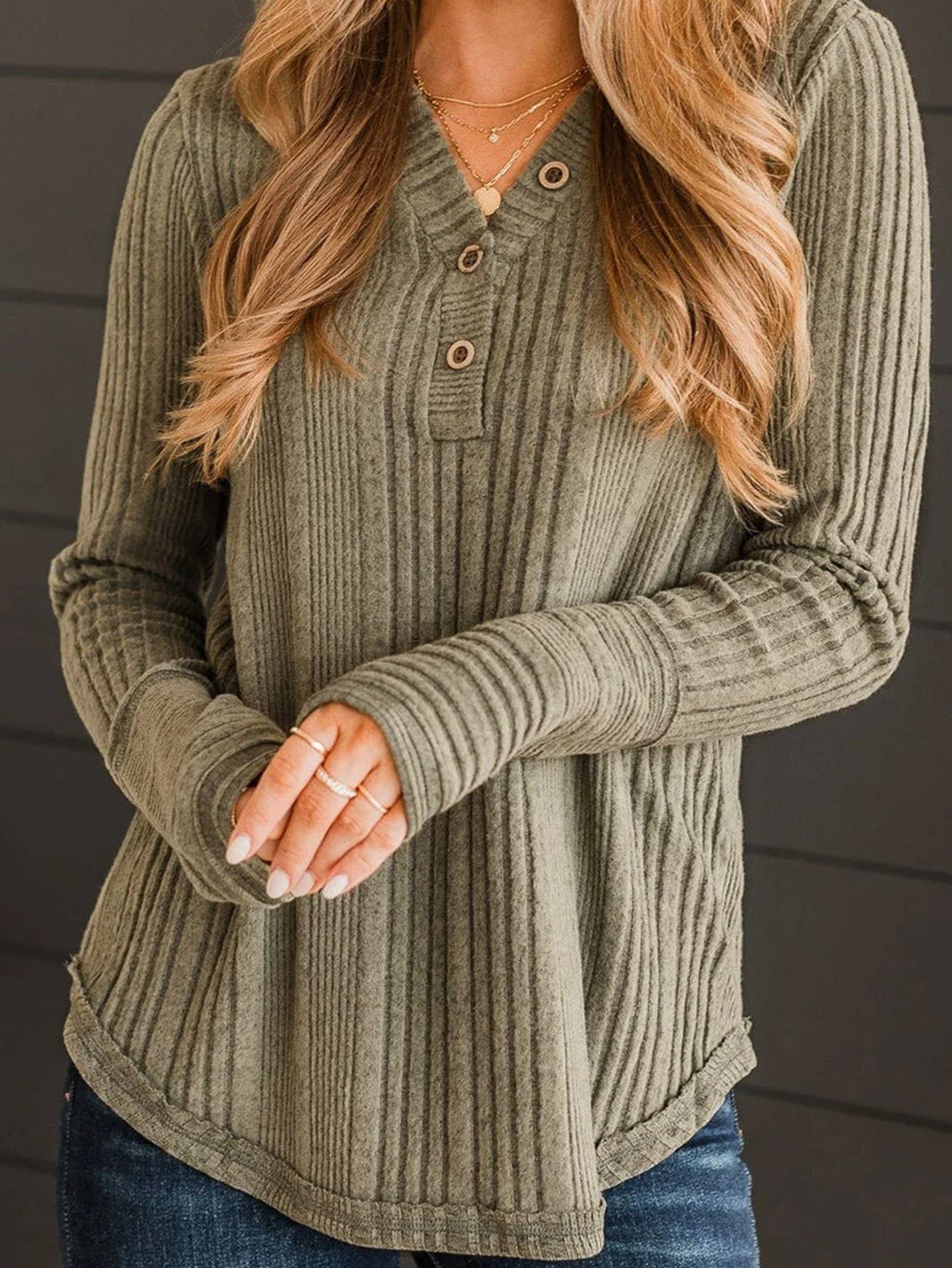 SOLID COLOR V-NECK BUTTON LOOSE T-SHIRT TOP