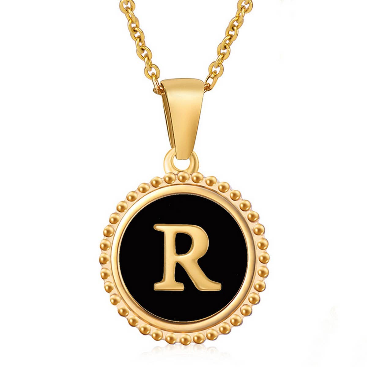 CWAJE1941_Simple Round Black Shell Letter Necklace