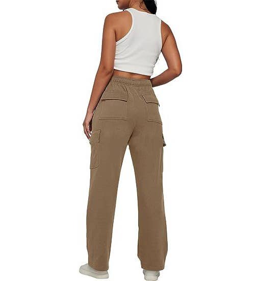 SOLID COLOR HIGH-WAISTED STRAIGHT LEG CARGO PANTS