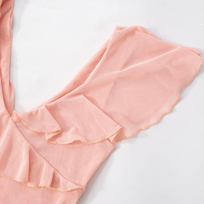 Ruffled V-Neck Mesh Backless Midi Dress