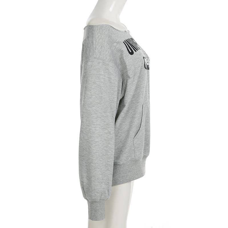 LETTER-PRINTED ROUND NECK LOOSE PULLOVER TOP