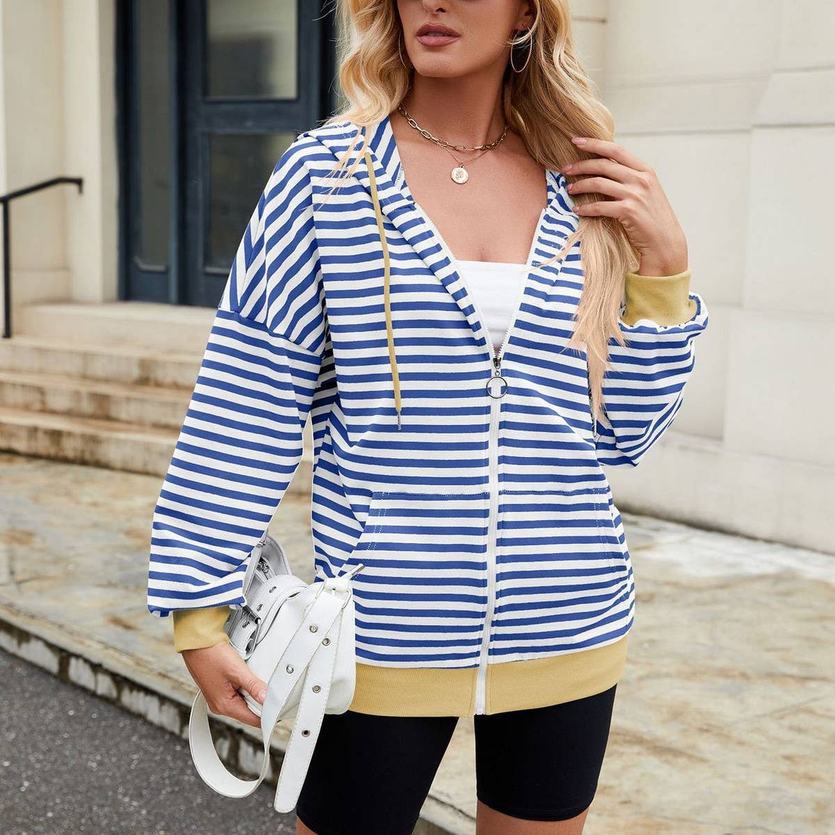 Striped hooded long-sleeved hoodie